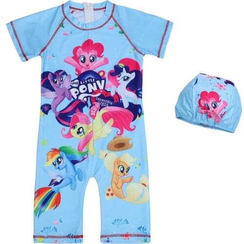 My little Girls Swimwear+hat Cute Kids Beach Wear Children Swimsuit for Girl Cartoon Clothing set pony Baby Bathing Sport Suit
