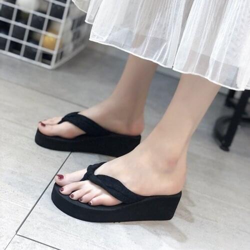 Summer ladies wedge slippers, flower beach shoes, thick-soled slippers, womens bohemian sandals, womens open-toed slippers