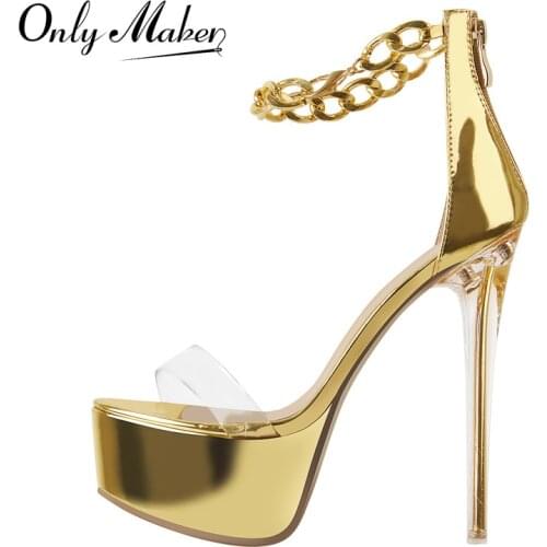 Onlymaker Summer Platform Sandals Gold Silver Ankle Metal Chain Mental Stiletto High Heels Shoes Fashion PVC Band Back Zipper