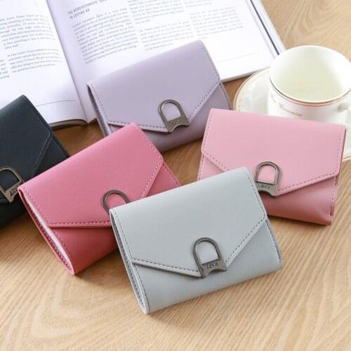 2019 Hot Sale Women Wallets Creative Metal Lock Student Leather Small Wallet Womens Wallets and Purses Girls Card Holder Bag