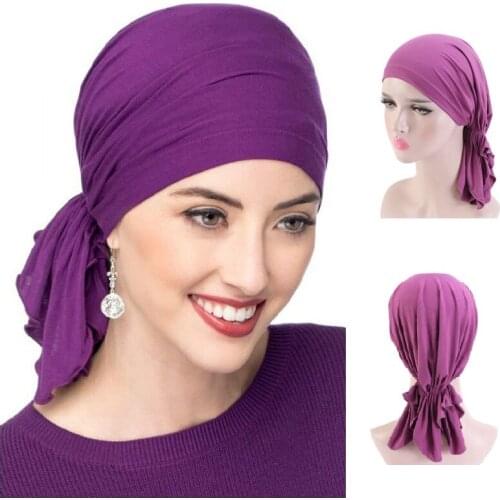 Muslim Hijab Cap Modal Cotton Women Cancer Chemo Caps Head Turban Scarf Headwear Strech Silk Bandanas Long Tail Hair Loss
