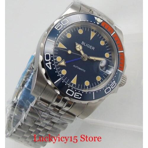 BLIGER New Arrival Business Blue Sapphire Glass 40mm men Watch MINGZHU GMT Movement Jubilee Strap