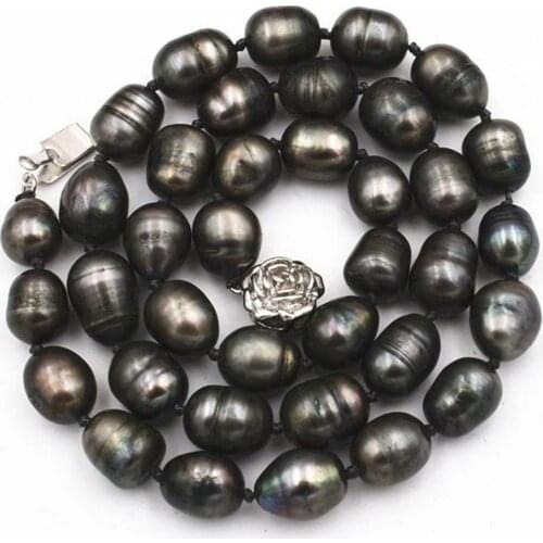 NATURAL 9-10MM TAHITIAN RICE BLACK gray PEARL NECKLACE 18"