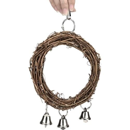 Hanging Parrot Perch Rattan Wreath Bell Swing Hanger Birdcage Pendant for Parakeet Cockatiel Cockatoo