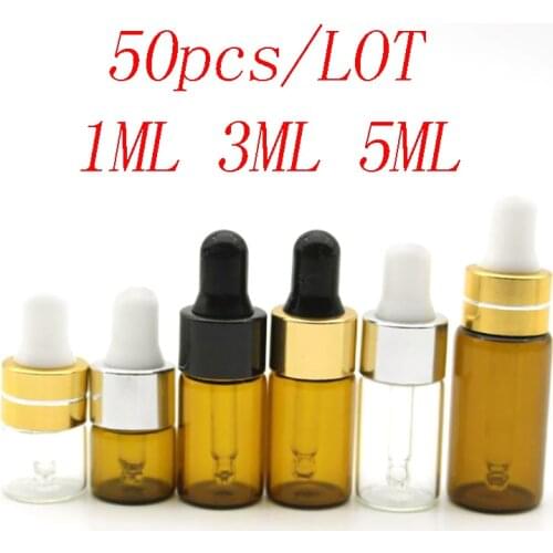 50pcs/Lot Empty 3ml Mini Perfume Essential Oil Sample Vials Glass Dropper Bottle With Pipette Cosmetic Vial Clear Mate Golded