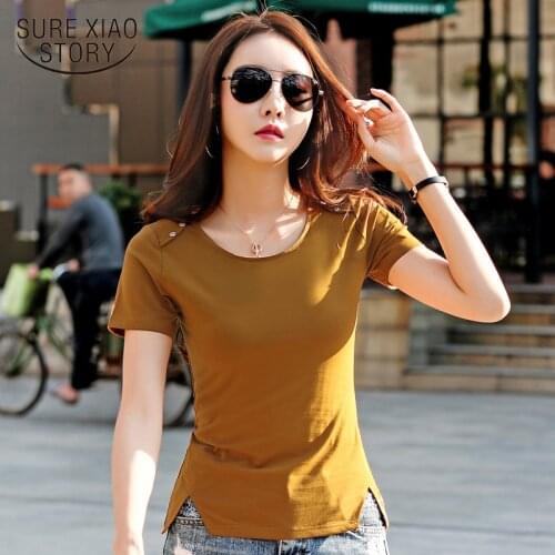 Short sleeve shirt women tshirt women plus size women shirts2019 summer new womens round neck casual solid color cotton 2618 50