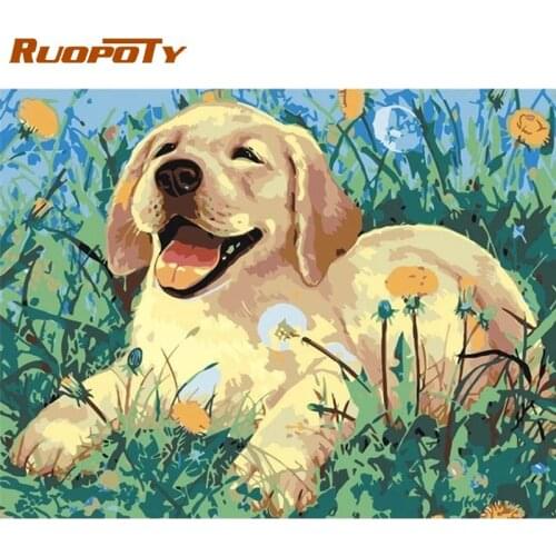 RUOPOTY 60x75cm Yellow Dog Animal Pictures By Numbers Hand Painted Framed On Canvas Home Decoration Unique Diy Gift Picture