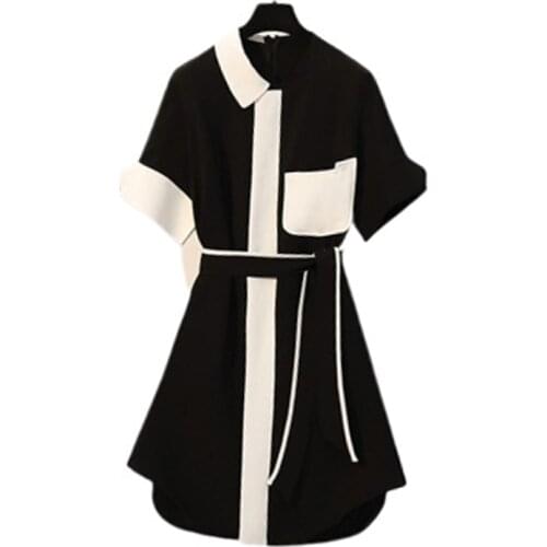 PERHAPS U Black White Patchwork Pocket Asymmetrical Dress Pocket Short Sleeve D1274