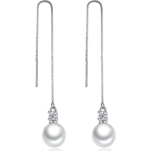 100% 925 sterling silver fashion pearl shiny crystal ladies' long drop earrings women jewelry wholesale birthday gift