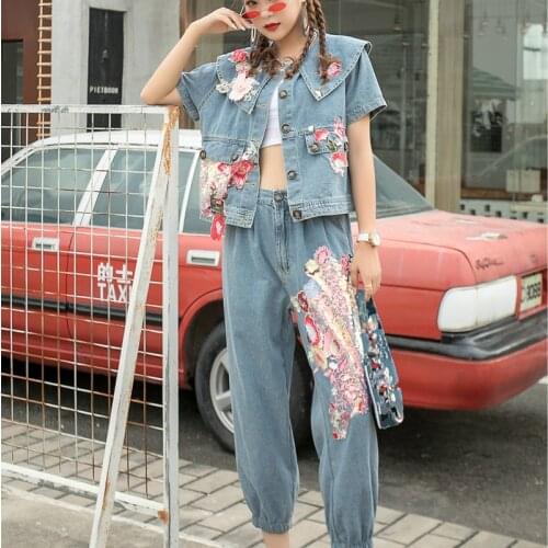 Women Flower Sequined Denim Jacket Pant Set Two-Piece Sequins Outfits Ladies Clothes Summer Peter Pan Collar Cute Jean Suit