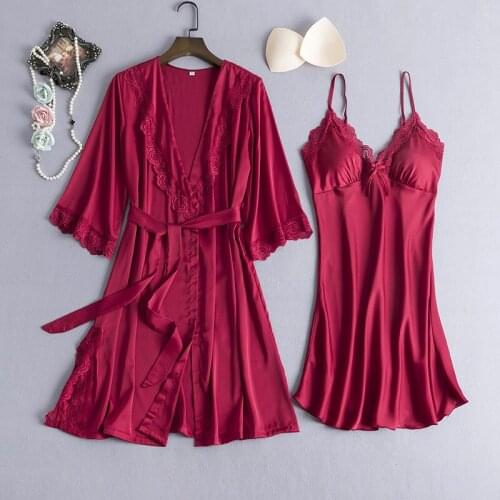 Satin Lace 2PCS Kimono Gown Suit Bride Bridesmaid Wedding Robe Female V-neck Home Wear Mature Style Bath gown With Chest Pads