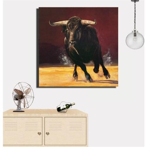 A Running Cow on a Red Background Cloth Wall Decoration Canvas Painting Bullfight Picture Poster and Prints for Living Room Home