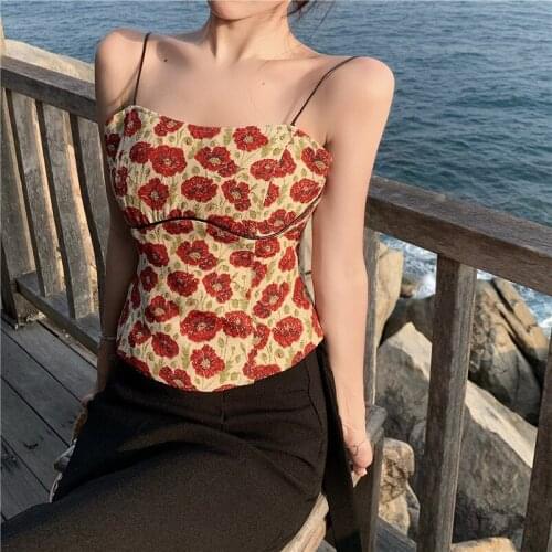 Women Ladies Halter Flower Print Sleeveless French Style Vest Tank Crop Tops Short Sling Harajuku Camis Chic Tops