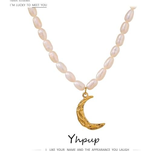 Yhpup Elegant Natural Pearl Jewelry Necklace Moon Pendant Stainless Steel Collar Necklace regalos dia de la madre 2021 Bijoux