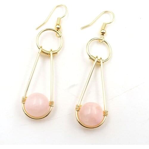 FYSL Light Yellow Gold Color Wire Wrap Rose Pink Quartz Round Beads Drop Earrings for Women Citrines Crystal Jewelry