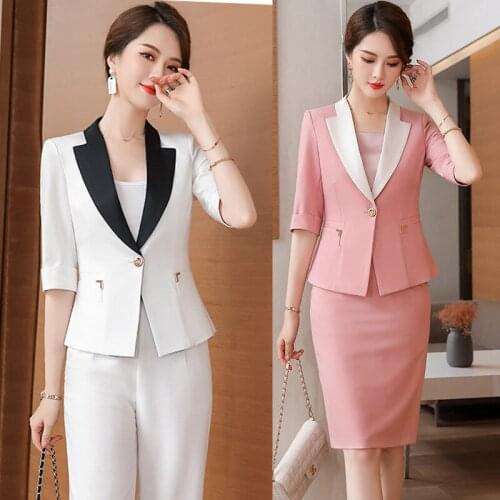 IZICFLY New Style Summer White Pink 2 Piece Sets Womens Outfits Business Slim Half Office Blazer Jacket Suit Pants Work Wear