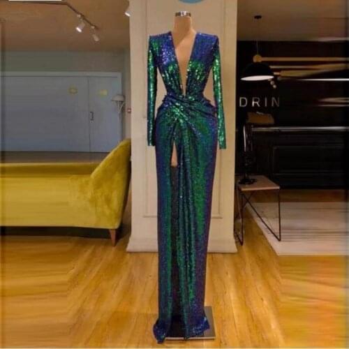 Emerald Green 2020 Sequined Evening Dress High Split Deep V Neck Robe de soiree Long Sleeve Prom Dresses Formal Gowns Custom