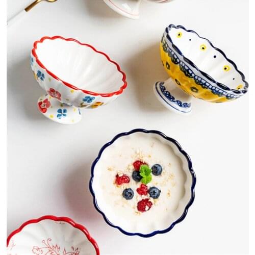 Goblet Ceramic Tableware Salad Bowl Utensils for Kitchen Dessert Ice Cream Bowls Ice Cream Cup Hand-painted Salad Bowl