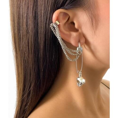 Punk Cool Skull Drops Chains Clip Earrings for Women Vintage One-piece Geometric Tassel Earrings Fashion Ear Jewelry Gift