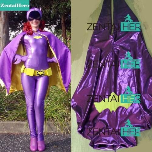 New Sexy Girl Purple Batgirl Cosplay Costume Shiny Metallic Zentai Bodysuit Superhero Comic Catsuit with Cape UC11901