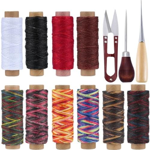 LMDZ 10PCS Leather Waxed Thread Kits for DIY Leathercraft Sewing Tools With Awl, Scissors Hand Stitching Thread Flat Waxed