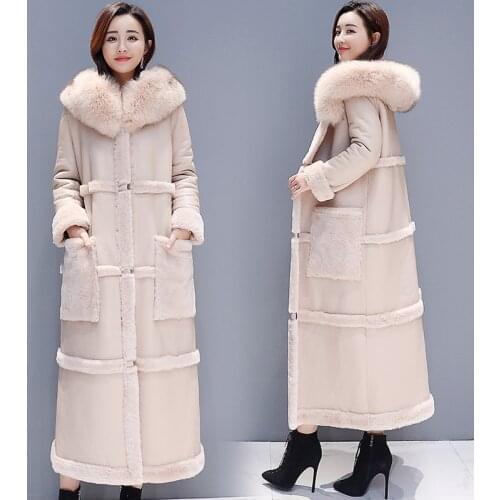 Autumn Winter Lamb Fur Coat Women Plus Size Korean Big fur collar Over the knee Faux Leather Thick Warm Long Coat Elegant Female