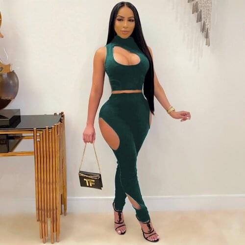 Sexy Knitted Two Piece Tracksuit Womens Suit Hollow Out Sleeveless Crop Top and Skinny Sweatpant Elegant Slim Matching Outfit