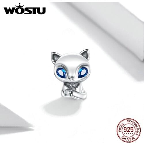 Wostu Lively little fox Charms Blue Zircon S925 Sterling Silver Cute Animals Beads PendantFor Women Girls Fine Jewelry Gift