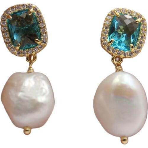 GuaiGuai Jewelry Natural White Baroque Keshi Pearl Blue Crystal Earrings For Women