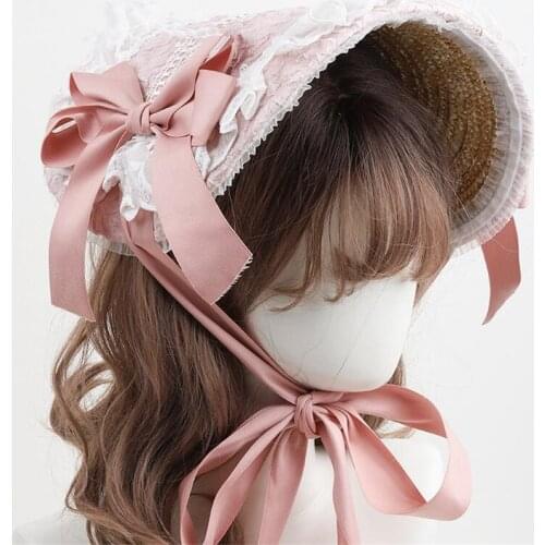 Bandge Lolita Straw Hat Gorgeous Elegant Tea Party Flat Cap Pastorale Style Lace Bonnet Bnt Hat D913