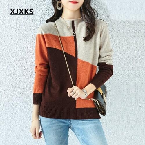 XJXKS Fashion color-blocking women turtleneck sweater 2021 spring autumn new loose plus size 100% wool sweater women pullover