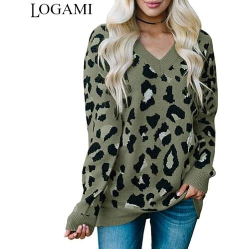 LOGAMI V Neck Leopard Women Knitted Sweater Long Sleeve Pullover and Sweater Womens Autumn Winter Jumper