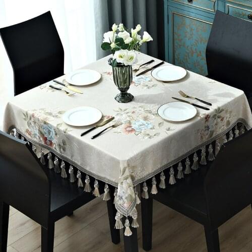 Jacquard Floral Tassel Dining Table Cloth Elegant Square Small Tea Table Cover Party 120x120cm Beige Blue European Home Decor