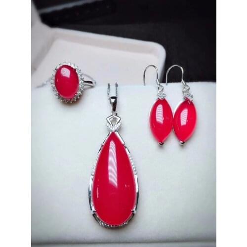 Natural red chalcedony pendant ring earrings three sets of bow tie 925 silver inlaid ring live mouth