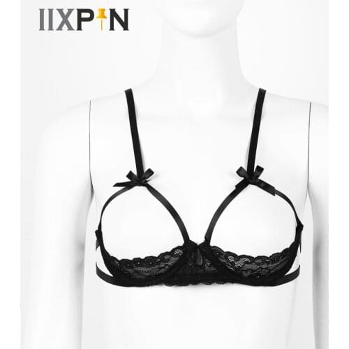 Women Hot Erotic Lingerie Sexy Open Nipple Bra Sissy Sheer Lace Floral Back Tie Up Underwired Babydoll Bra Tops Femme Shelf Bra