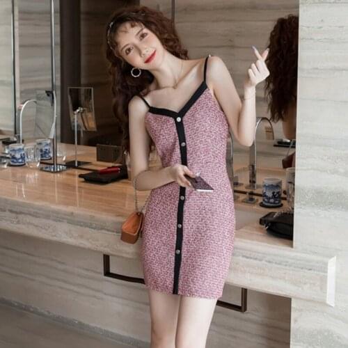 New arrival fashion summer mini party dress women OL temperament sexy strap v-neck backless plaid pink sweet holiday beach dress
