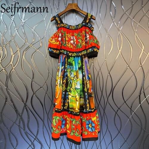 Seifrmann New 2021 Summer Women Fashion Runway Party Midi Dress Sexy Spaghetti Strap Ruffles Vintage Print Elegant Cotton Dress