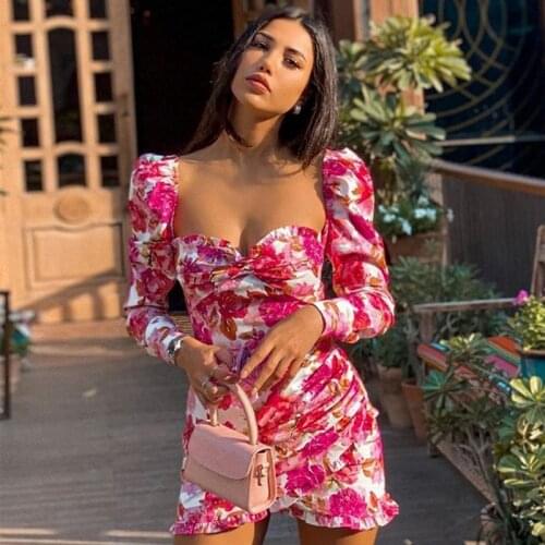 Sexy Vintage Women Ladies Evening Party Square neck Floral printed Long Puff Sleeve Short Midi Ruffled Dress