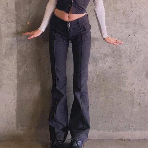 2021 New Indie Aesthetics Slim Low Waist Flare Pants E-girl Vintage Pockets Solid Y2K Pants Autumn 90s Fashion Black Trousers