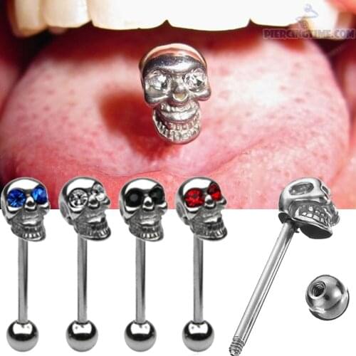 BOG-1PC 316L Surgical Steel CZ Gemmed Death Head Bone Skull Tongue barbell Piercing Ring crystal Eyes Skull Piercing Tongue Bar