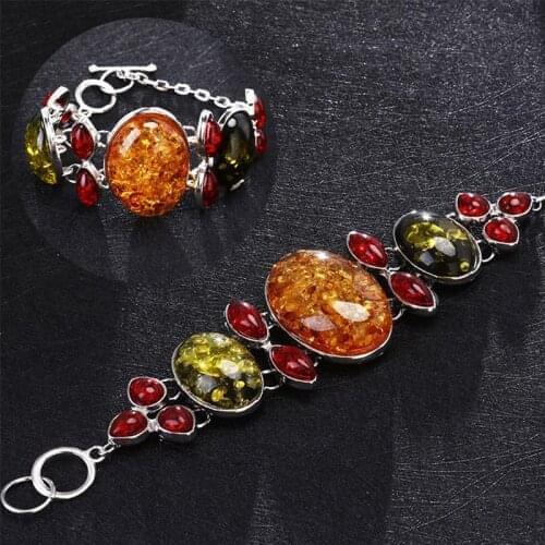 Big Natural Stone Crystal Beads Vintage Bohemian Bracelets & Bangles for Women Tibet Silver Plated Amber Jewelry Gifts