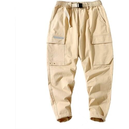 2021 Mens Cargo Pants Cotton Harem Pants Side Pockets Ribbons Hip Hop Casual Male Streetwear Joggers Trousers