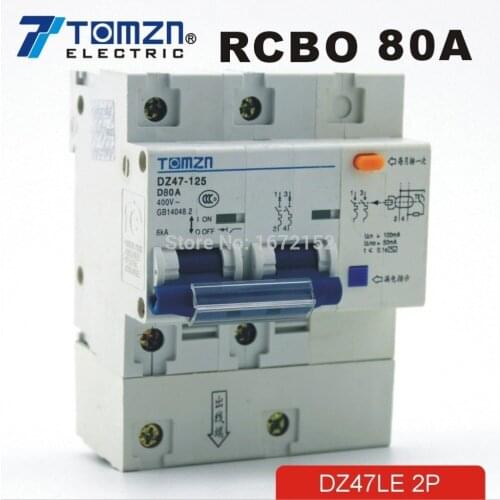 DZ47LE 2P 80A D type 400V~ 50HZ/60HZ Residual current Circuit breaker with over current and Leakage protection RCBO