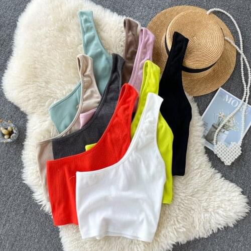 Sexy one shoulder crop tops off shoulder solid color tank top sleeveless omighty slim fit camis for women 2021 summer new ins