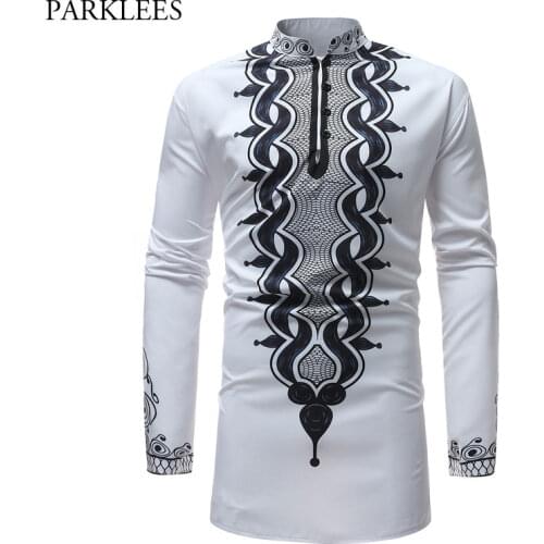 Mens African Printed White Dashiki Shirt 2018 Brand New Slim Fit Mandarin Collar Dress Shirts Men Long Sleeve African Clothing