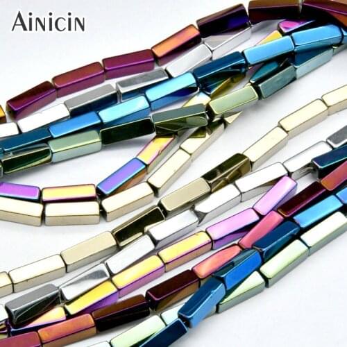 Natural Stone Rainbow Color Plating Rectangle Cuboid Hematite Beads 4x13mm Long Shape Spacer Beads For Jewelry Making 5pcs/lot