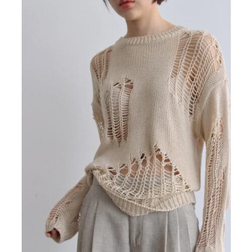 Spring New Korean Style Thin Design Sense of Hollow Long-sleeved Knit Sweater Blouse Pullover Sweater Women