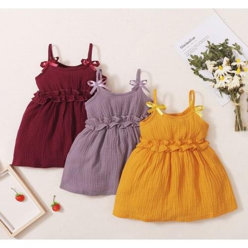 Newborn Baby Girls Sleeveless Dress Lovely Cotton Solid Spaghetti Strap Ruffle Mini Lovely Dress with Bowknot Toddler Outwear