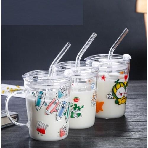 350ML Transparent Coffee Cup Glass Mark Cup Calibration Cup and Cover Drinking Set Milk Ice Sand Juice Beverage Cup