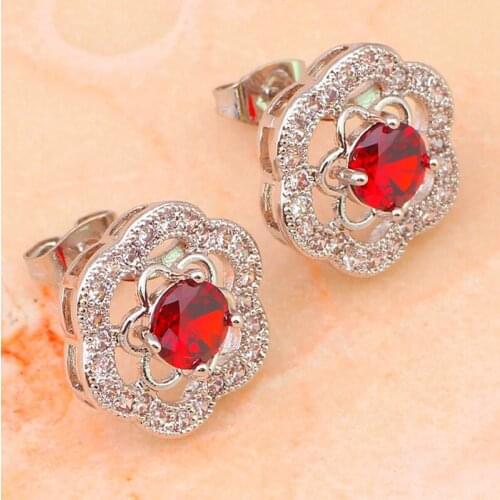 ROLILASON Top quality Red flower Zircon AAA zircon silver plated Fashion Jewelry Sets Earrings Necklace rings sz #7 #8 #9 JS556